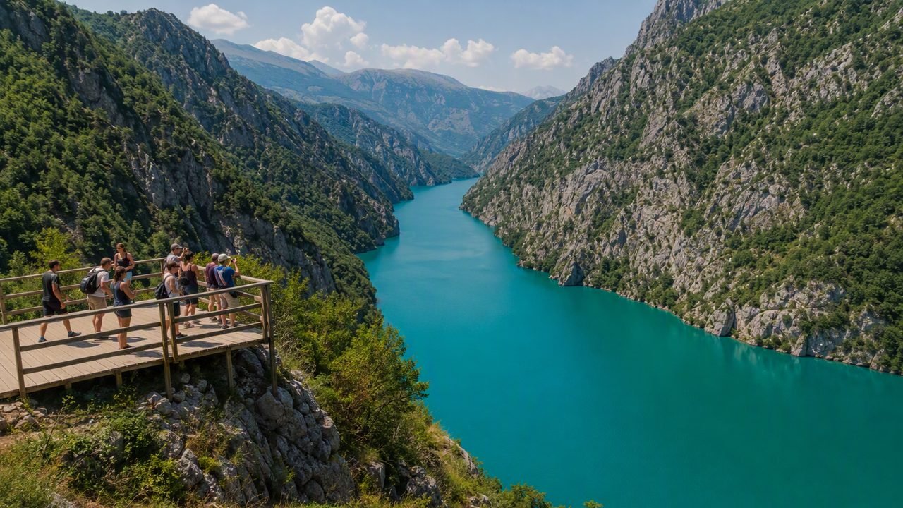 Lago di Bovilla con acqua smeraldo e punto vista del monte Gamti vicino a Tirana