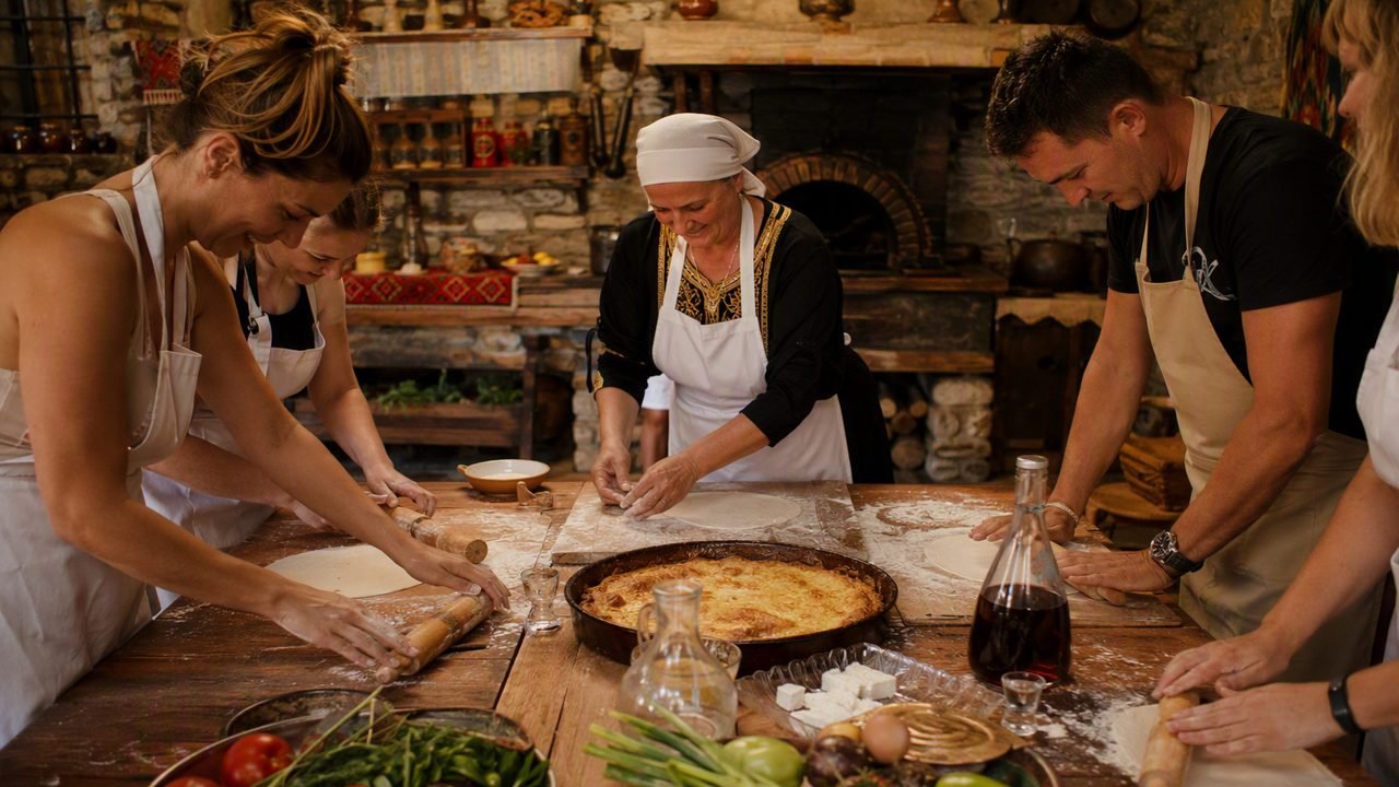 Mani che preparano piatti tradizionali albanesi durante un corso di cucina a Tirana