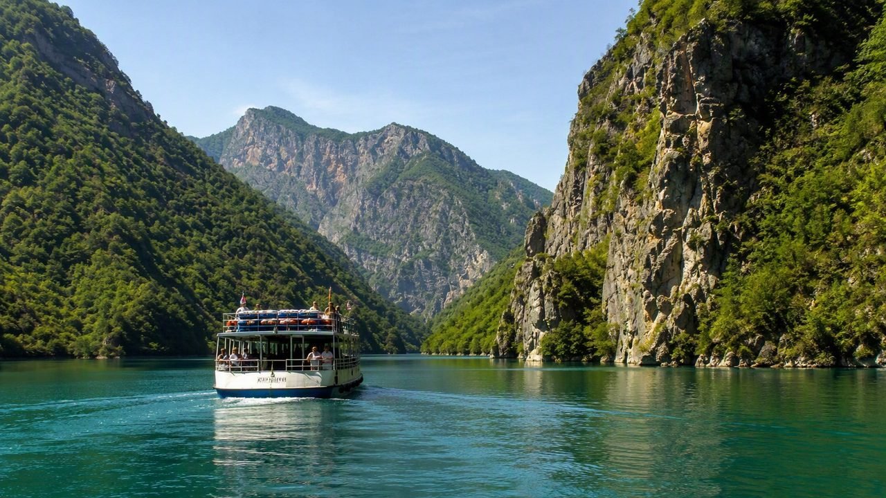 Fiume Shala turchese e traghetto del Lago di Komani tra montagne a strapiombo nel nord dell'Albania