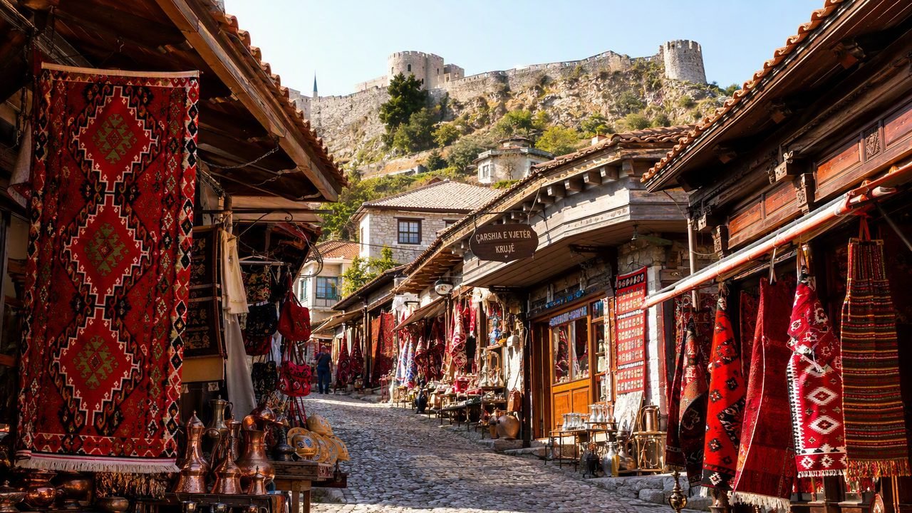 Castello di Kruja e antico bazar ottomano sulla montagna sopra la pianura albanese