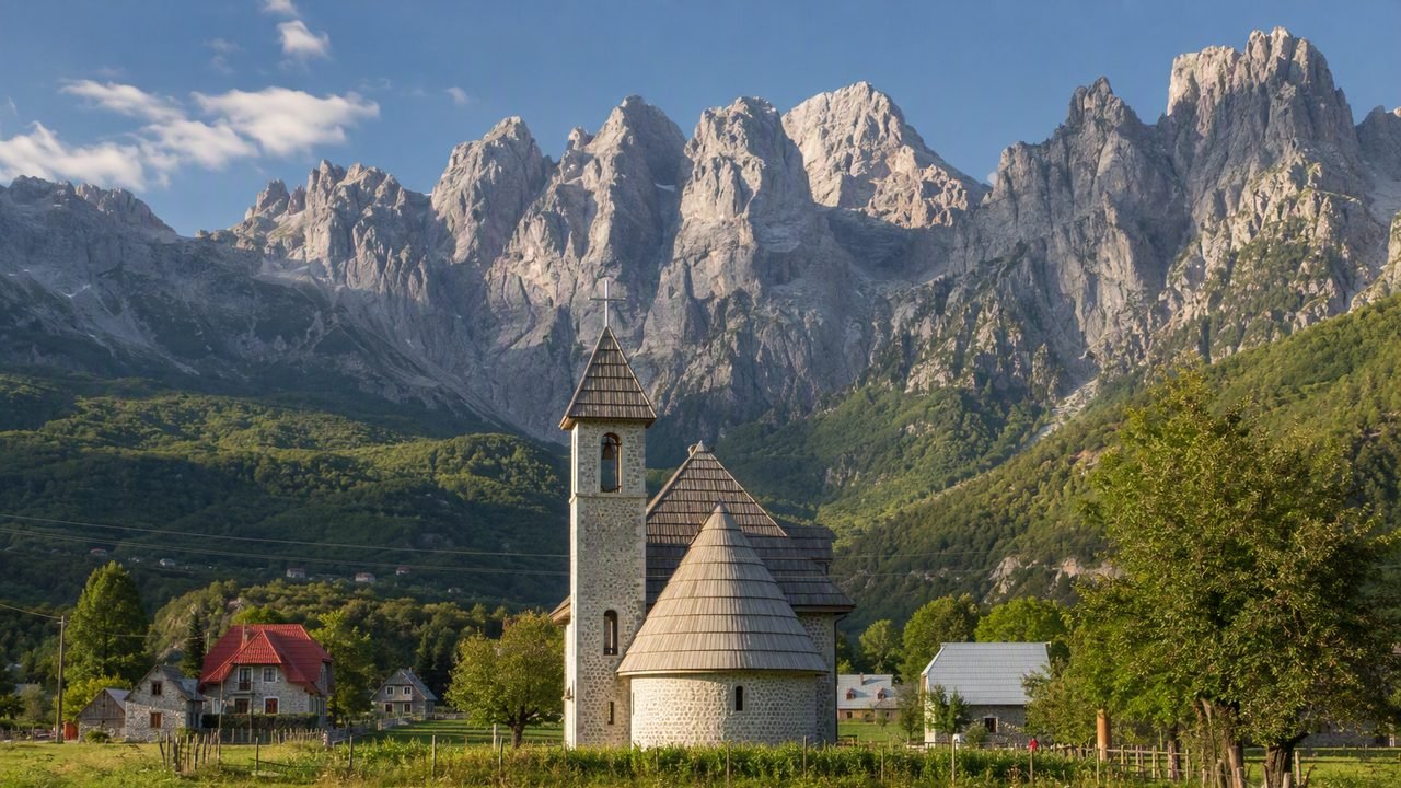 Valle di Theth nelle Alpi Albanesi con la chiesa in pietra e le vette delle Montagne Maledette